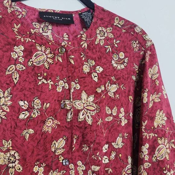 Vtg August Silk Womens Small Petite Button Front 100% Silk Tunic Top Red Floral - Picture 3 of 7